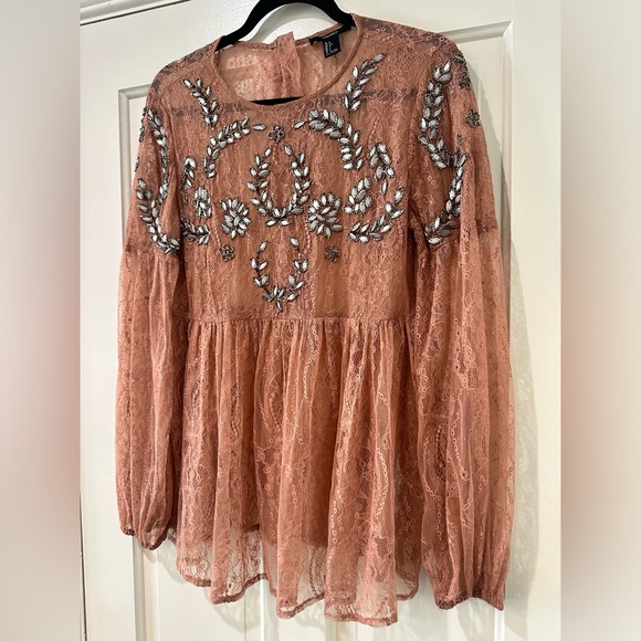 Forever 21 dainty lace long sleeve peplum embroidered sparkle beaded top blouse - Picture 5 of 15